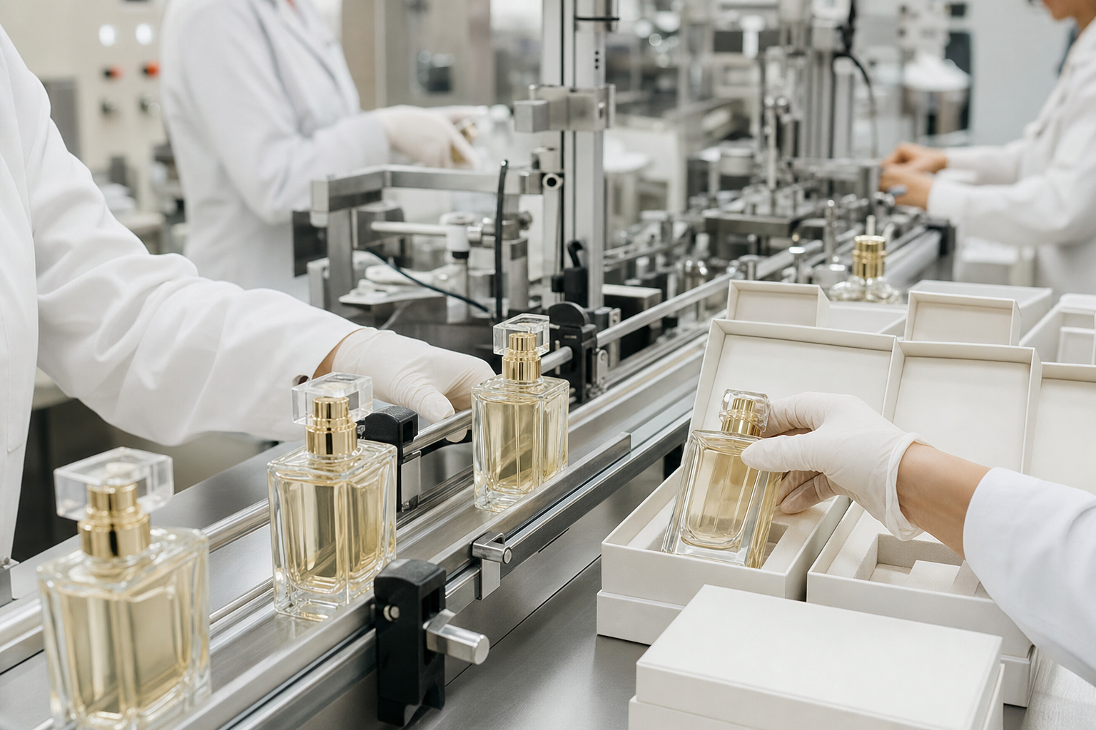 Perfume bottle filling and custom packaging process